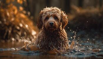 schattig puppy zittend in nat gras buitenshuis gegenereerd door ai foto