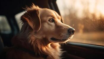 schattig rasecht puppy zittend in auto venster gegenereerd door ai foto
