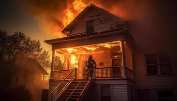 bouw arbeider klimt ladder, aftekenen tegen zonsondergang lucht gegenereerd door ai foto