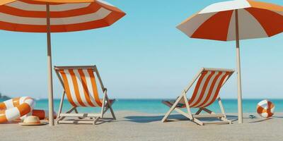 3d weergave. mooi strand. stoelen Aan de zanderig strand in de buurt de zee. zomer vakantie en vakantie concept voor toerisme. inspirerend tropisch landschap. rustig landschap, ontspannende strand foto