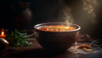 vers gekookt groente soep geserveerd in rustiek serviesgoed gegenereerd door ai foto