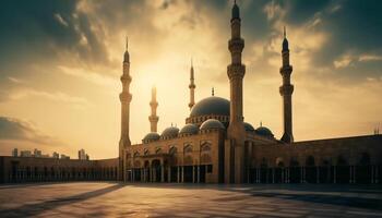 majestueus minaret verlicht oude blauw moskee silhouet gegenereerd door ai foto