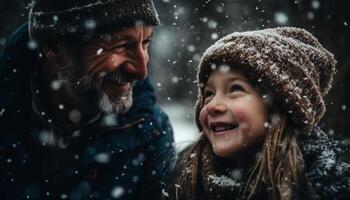 sneeuw familie binding, spelen, omarmen, en glimlachen gegenereerd door ai foto