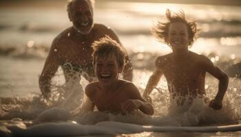 glimlachen familie spatten in water Aan vakantie gegenereerd door ai foto