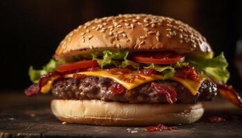 gegrild cheeseburger met tomaat en ui toppings gegenereerd door ai foto