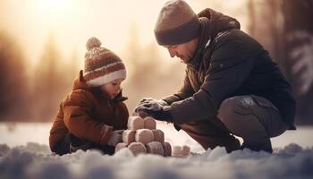 schattig sneeuwman brengt blij familie saamhorigheid buitenshuis gegenereerd door ai foto