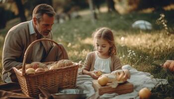 familie picknick in natuur, bonding over- vers fruit gegenereerd door ai foto