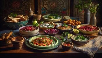 vers fijnproever vegetarisch maaltijd Aan rustiek houten tafel gegenereerd door ai foto