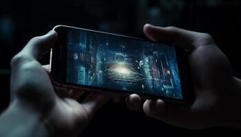 hand- Holding slim telefoon vangt verlichte nacht landschap gegenereerd door ai foto