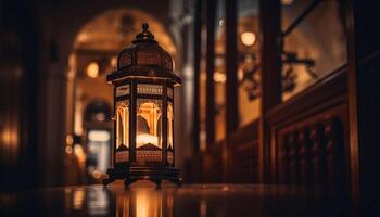 antiek lantaarn verlichte oud Arabisch stijl venster gegenereerd door ai foto