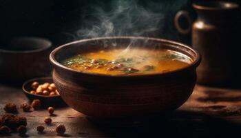 rustiek hout tafel houdt eigengemaakt groente stoofpot gegenereerd door ai foto