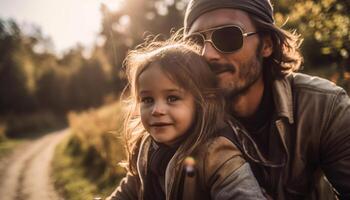 vader en zoon omhelzing in herfst Woud gegenereerd door ai foto