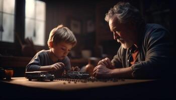 mannen bonding met kleinzoon, vrolijk huiselijk pret gegenereerd door ai foto