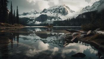 majestueus berg reeks weerspiegelt Aan rustig wateren gegenereerd door ai foto