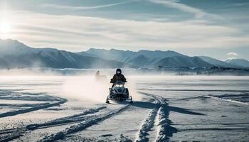 mannen het rijden uit weg voertuig snelheid door besneeuwd bergen gegenereerd door ai foto