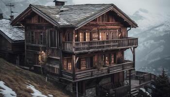 hout hut staat verweerd in winter landschap gegenereerd door ai foto