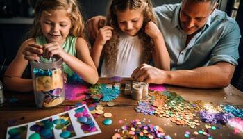 gelukkig familie schilderij samen Bij huis binnenshuis gegenereerd door ai foto