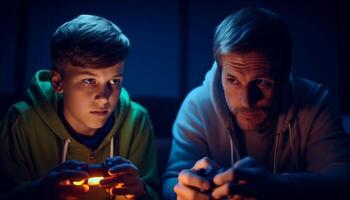 twee mannen bonding binnenshuis spelen video spellen gegenereerd door ai foto