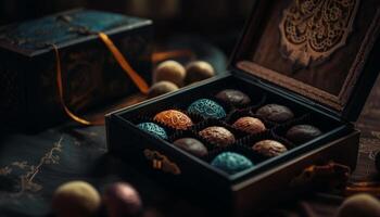 donker chocola truffel doos, een fijnproever toegeeflijkheid gegenereerd door ai foto