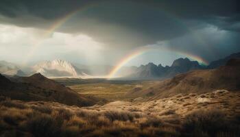 majestueus bergen, regenboog kleuren, verbijsterend landschap schoonheid gegenereerd door ai foto