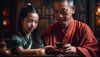 twee Chinese Heren, een kind, zittend gelukkig gegenereerd door ai foto