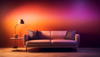 comfortabel sofa verlichte door modern elektrisch lampen gegenereerd door ai foto