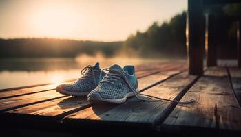 zonsopkomst silhouet, sport schoen vervelend mannen wandelen gegenereerd door ai foto