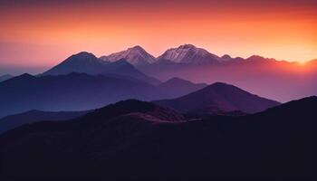 majestueus berg reeks verlicht door zonsondergang schoonheid gegenereerd door ai foto