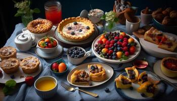 BES gevulde gebakjes Aan houten tafel zoet toegeeflijkheid gegenereerd door ai foto