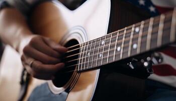 dichtbij omhoog van gitarist hand- plukken akoestisch draad gegenereerd door ai foto