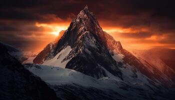 majestueus berg reeks onder verbijsterend sneeuw zonsondergang gegenereerd door ai foto