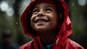 vrolijk kind in regenjas omarmt de nat weer gegenereerd door ai foto