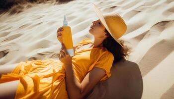 jong vrouw geniet zomer, drankjes door zonsondergang gegenereerd door ai foto