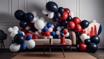 multi gekleurde ballonnen versieren modern partij viering binnenshuis gegenereerd door ai foto