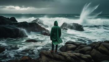 een persoon dapper Gevaar wandelen kust- rots gegenereerd door ai foto