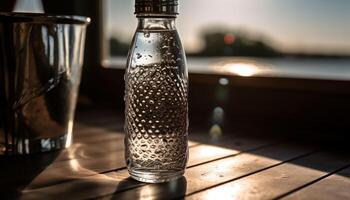 verfrissend vloeistof in glas fles Aan houten tafel gegenereerd door ai foto