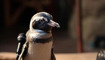 schattig pinguïn zingt met selectief focus Aan bek gegenereerd door ai foto