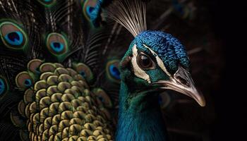 Pauw majestueus elegantie in dichtbij omhoog portret gegenereerd door ai foto