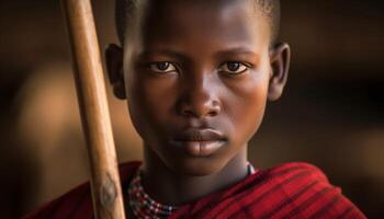 schattig Afrikaanse jongen glimlacht met vertrouwen buitenshuis gegenereerd door ai foto