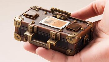 oud fashioned leer koffer omgaan met gehouden door hand- gegenereerd door ai foto