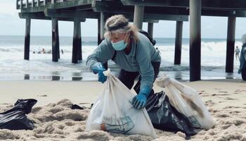 een persoon werken buitenshuis schoonmaak vuilnis verontreiniging gegenereerd door ai foto