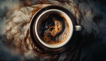 donker rustiek cappuccino Aan houten koffie tafel gegenereerd door ai foto