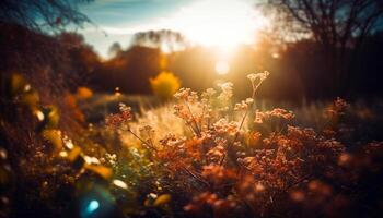 geel zon sets over- rustig weide landschap gegenereerd door ai foto