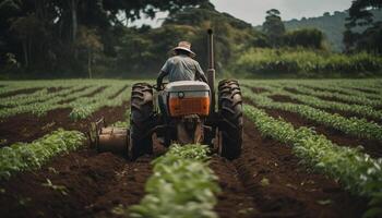 boerderij arbeider het rijden trekker sproeien groen weide gegenereerd door ai foto