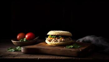 gegrild cheeseburger Aan rustiek hout tafel gegenereerd door ai foto