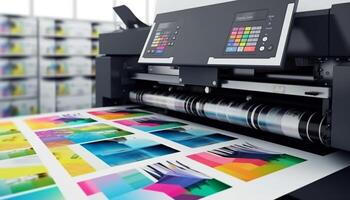 modern het drukken druk op produceert multi gekleurde afdrukken nauwkeurig gegenereerd door ai foto