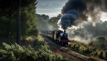 stoom- locomotief puffen door landelijk Woud landschap gegenereerd door ai foto