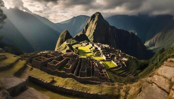 oude inca ruïnes boven majestueus berg top gegenereerd door ai foto