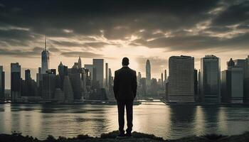 een zakenman staand in stad, zonsondergang silhouet gegenereerd door ai foto