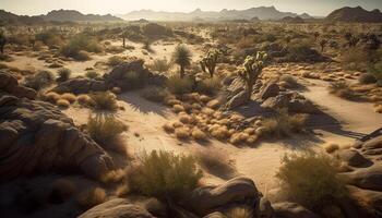 zonsopkomst verlicht droog, geërodeerd steen berg reeks gegenereerd door ai foto